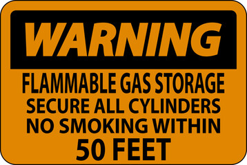 Warning Sign Flammable Gas Storage, Secure All Cylinders, No Smoking Within 50 Feet
