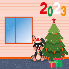 A black rabbit in a cozy room near the Christmas tree is waiting in the wings, he is a symbol of the new year 2023