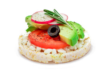 Rice Cake Sandwich with Avocado, Tomato, Cottage Cheese, Olives and Radish - Isolated on White. Easy Breakfast. Diet Food. Quick and Healthy Sandwiches. Crispbread with Tasty Filling - Isolation