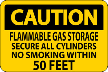 Caution Sign Flammable Gas Storage, Secure All Cylinders, No Smoking Within 50 Feet