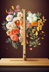 Raster illustration of composition of flowers painted on an easel. Beautiful fragrantcolors in golden colors fine art bud leaves bed. Art composition in gentle tones. 3D artwork background