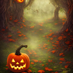 An Illustration of a pumpkin jack-o'-lantern in a dark forest