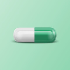 Vector 3d Realistic Green Pharmaceutical Medical Pill, Capsule, Tablet on Green Background. Front View. Copy Space. Herbal Medicine Concept