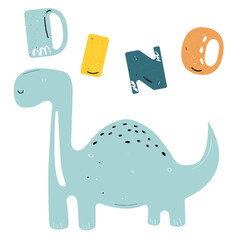 Vector hand-drawn color children's illustration, poster, print with a cute green dinosaur and dino lettering  in Scandinavian style on a white background. Cute baby animals. Reptile. Dinosaurs