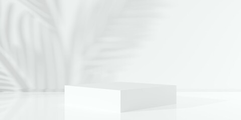White empty room, blank dais, podium or platform background with leaf shadow in the back and reflective floor, rectangular product presentation template mock-up