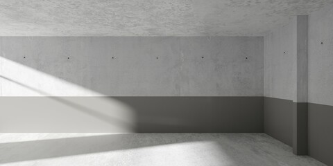 Abstract large, empty, modern concrete room, half painted walls, light from sun through window and concrete floor - industrial interior background template
