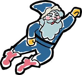 Funny Santa Claus flying, hand drawn cartoon character, comic personage illustration. Decorative element for poster print, Christmas party invitation, postcard design. Traditional winter celebration.