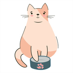 Cute cat with a bowl. vector graphic illustration cute cat eating. Retro background with animal. Perfect for print or t-shirt design. Flat style
