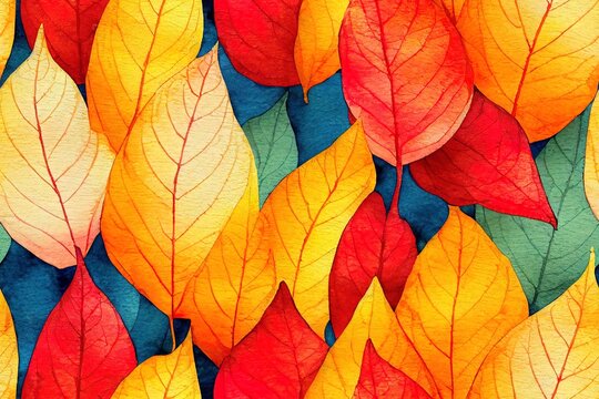 Seamless pattern with hand drawn watercolor fall leaves for fabric, poster, card, wallpaper, wrapping paper, and home decor