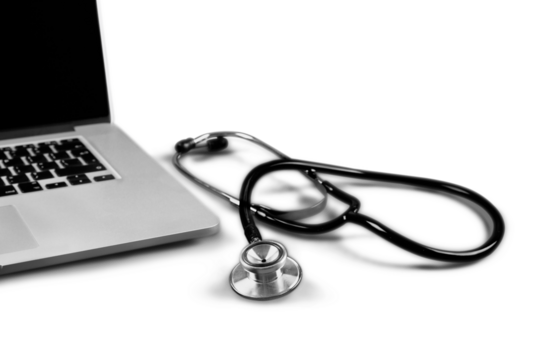Modern laptop and stethoscope isolated on white background