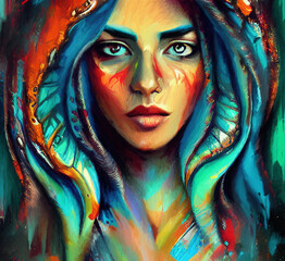 Spanish or mexican traditional stylish woman portrait, digital drawing with watercolor, oil, acrylic mixed style imitation. Modern contemporary art. Good as wall art print, poster, backdrop design