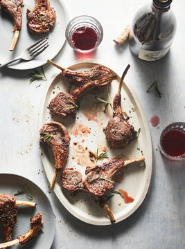 Glazed Lamb Chops On Platter With Red Wine