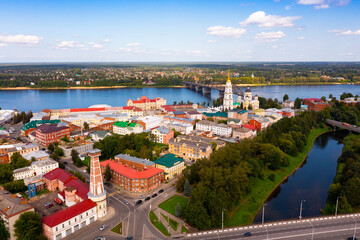 Aerial view of the administrative center of the city of Rybinsk with the Transfiguration Cathedral,...