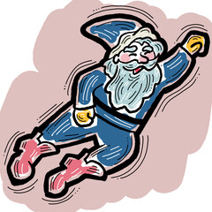 Funny Santa Claus flying, hand drawn cartoon character, comic personage illustration. Decorative element for poster print, Christmas party invitation, postcard design. Traditional winter celebration.