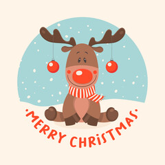 Vector Cute and Funny Reindeer with Scarf and Christmas Balls on Horns. Cartoon Christmas Deer for Christmas, New Year 2023 Greeting Card, Poster, T-shirt Print
