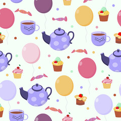 Seamless pattern with elements of celebration - balloons, cakes, cups and teapots. Vector