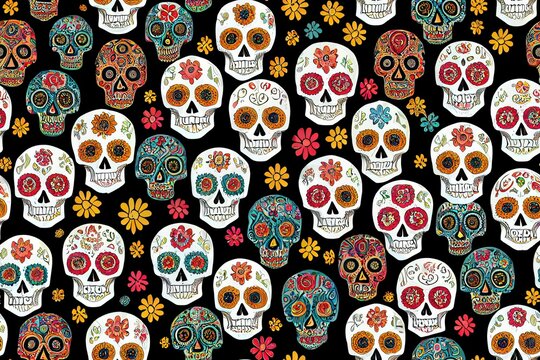 Day of the dead sugar skull pattern. Dia de los muertos print. Day of the dead and mexican Halloween. Mexican tradition festival texture. Dia de los Muertos tattoo skulls on black background.
