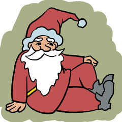 Funny Santa Claus sitting, hand drawn cartoon character, comic personage illustration. Decorative element for poster print, Christmas party invitation, postcard design. Traditional winter celebration.