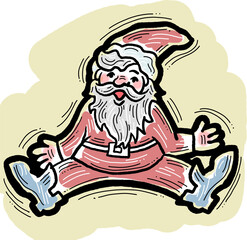 Fototapeta premium Funny Santa Claus sitting, hand drawn cartoon character, comic personage illustration. Decorative element for poster print, Christmas party invitation, postcard design. Traditional winter celebration.