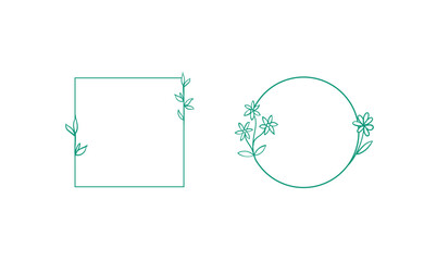 Geometric floral frames, borders, wreaths, hand drawn illustrations. Trendy Line drawing, line art style with branches and nature ornaments.