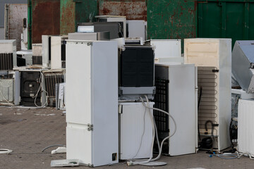 Electronic, household equipment recycling center. Large group of recycling equipment. Environmental...
