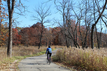 Fototapeta premium Man riding a bicycle in fall on a sunny day at Miami Woods on the North Branch Trail in Morton Grove, Illinois