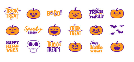 Set of Halloween icons. Vector illustration. Carved pumpkins, skulls and bats. Trick or treat spooky design.