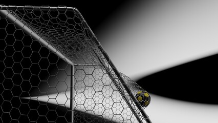 Yellow-Black Soccer Ball in the Goal Net under black-white background. 3D illustration. 3D CG. 3D Rendering. High resolution.