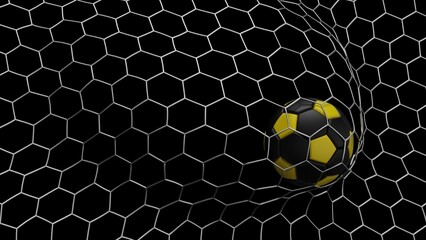 Obraz premium Yellow-Black Soccer Ball in the Goal Net under black-white background. 3D illustration. 3D CG. 3D Rendering. High resolution.
