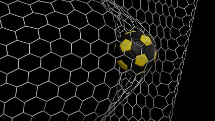 Obraz premium Yellow-Black Soccer Ball in the Goal Net under black-white background. 3D illustration. 3D CG. 3D Rendering. High resolution.
