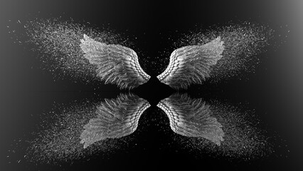Fototapeta premium Metallic silver wings with silver particles under black-white lighting background. Concept 3D CG of free activity, decision without regret and strategic action.