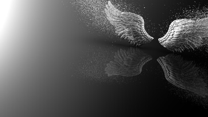Metallic silver wings with silver particles under black-white lighting background. Concept 3D CG of free activity, decision without regret and strategic action.