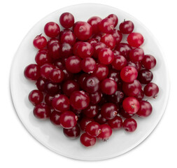 Red ripe cranberries on white plate