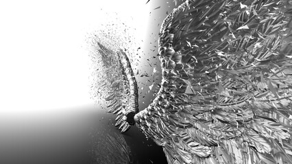 Fototapeta premium Metallic silver wings with silver particles under black-white lighting background. Concept 3D CG of free activity, decision without regret and strategic action.