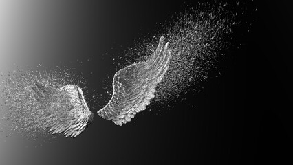 Naklejka premium Metallic silver wings with silver particles under black-white lighting background. Concept 3D CG of free activity, decision without regret and strategic action.