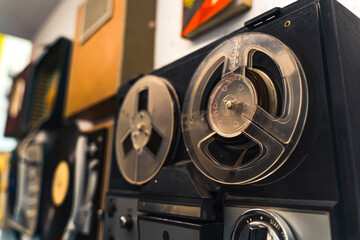 Old times. Real authentic vintage reel to reel tape recorder and player. Magnetic tape audio...