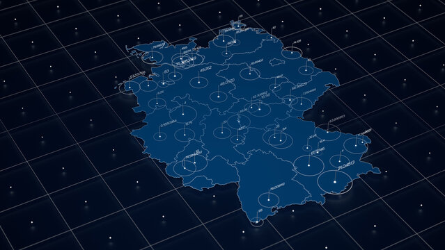 Germany blue map big data visualization. Futuristic map infographic. Information aesthetics. Visual data complexity. Complex Germany data graphic visualization. 3d render illustration