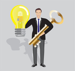 Man with lightbulb and key to success, the golden key. Vector illustration.