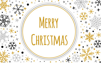 Merry Christmas and Happy New Year greeting card poster banner template. Snowflake black gold silver linear border. Copy space snow flakes frame. Winter ornate ice star background. Xmas letter decor