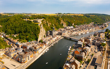 Top view of Pont Charles de Gaulle bridge over Meuse river in Dinant, Belgium