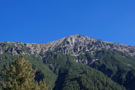 Horizontal panorama of a beautiful majestic mountain on a sunny afternoon and a deep blue sky. A forest grows at the foot of the mountain.