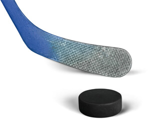 Closeup of Ice Hockey Stick and Puck, Isolated on Transparent Background