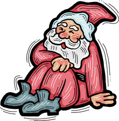 Funny Santa Claus sitting, hand drawn cartoon character, comic personage illustration. Decorative element for poster print, Christmas party invitation, postcard design. Traditional winter celebration.