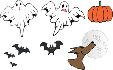 Obraz na płótnie Canvas Halloween, conjunto de personagens para Vetor, fundo transparente. Fantasmas, morcegos. abobora, lobisomem, lobo.