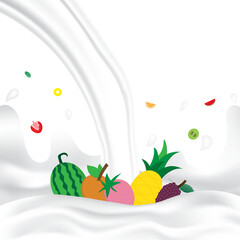 Mixed fruit milk splash with white splashing liquid. Pouring mixed fruit milk on white background. Fruit drink and organic dairy free vegan milk. Creative design vector illustration with empty space.