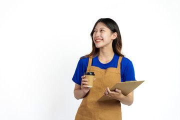 Cheerful young pretty asian woman blue t-shirt and apron coffee owner isolated on white background....