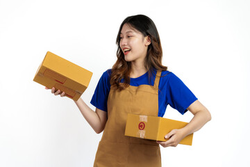 Young pretty asian woman with apron holding packages box of product for delivery sme entrepreneur owner isolated on white background.