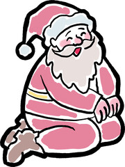 Funny Santa Claus sitting, hand drawn cartoon character, comic personage illustration. Decorative element for poster print, Christmas party invitation, postcard design. Traditional winter celebration.