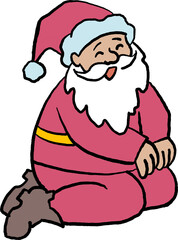 Funny Santa Claus sitting, hand drawn cartoon character, comic personage illustration. Decorative element for poster print, Christmas party invitation, postcard design. Traditional winter celebration.