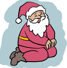 Funny Santa Claus sitting, hand drawn cartoon character, comic personage illustration. Decorative element for poster print, Christmas party invitation, postcard design. Traditional winter celebration.